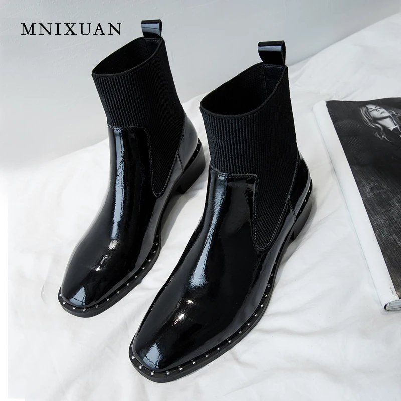 MNIXUAN Handmade chelsea boots women shoes patent leather elastic band ankle boots 2018 new retro square toe medium heels short цена MNIXUAN Handmade chelsea boots women shoes patent leather elastic band ankle boots 2018 new retro square toe medium heels short цены онлайн