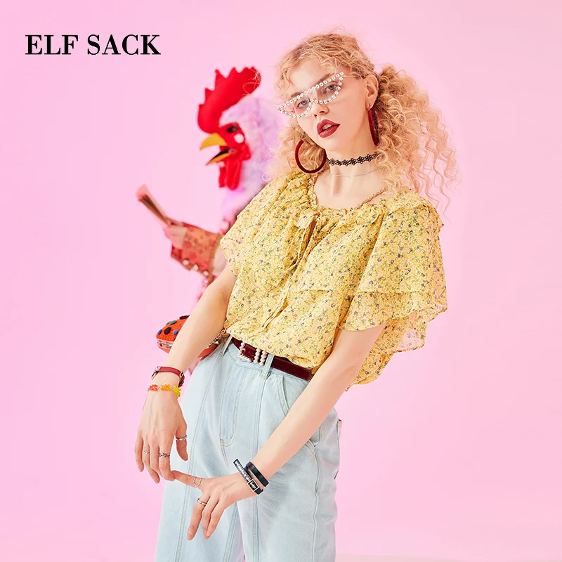 Женская блузка с рукавами бабочками ELFSACK черная Повседневная Блузка цветочным