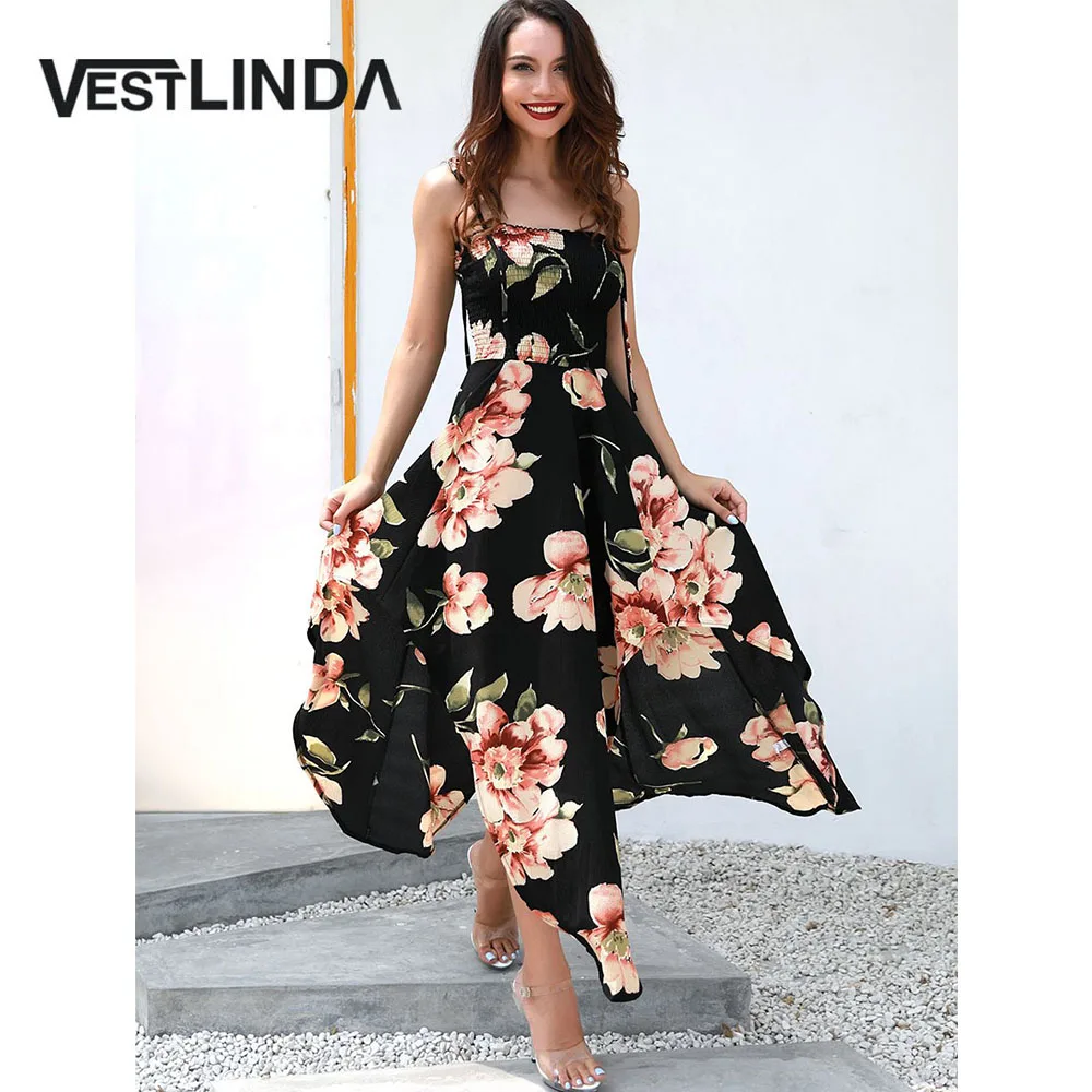 

VESTLINDA 2018 New Casual Sleeveless Cami Dress Vestidos Spaghetti Strap Floral Print Asymmetrical Dress Women Summer Dresses