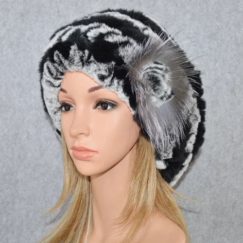 black and gray 2 Женский настоящий натуральный Рекс кроличий мех Берет теплые зимние шапки Рекс кроличий мех шапка s Леди ручной вязки шапочки Украшенные цветком крышка - Цвет: black and gray 2