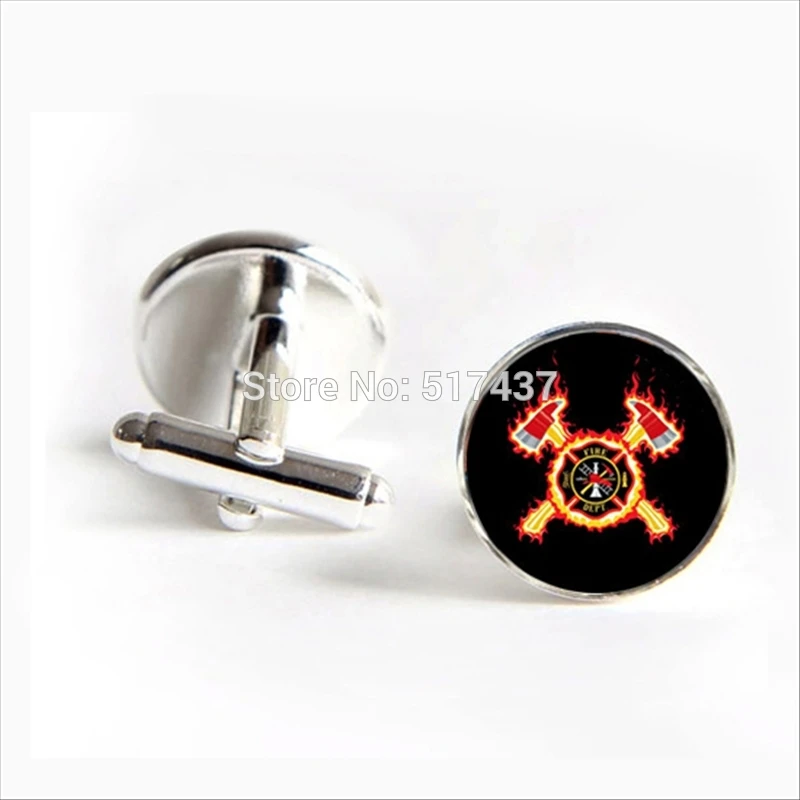 

2017 wholesale Fire Department Cufflinks Cross and Axes With Flames Cuff link Round Cufflinks Silver
