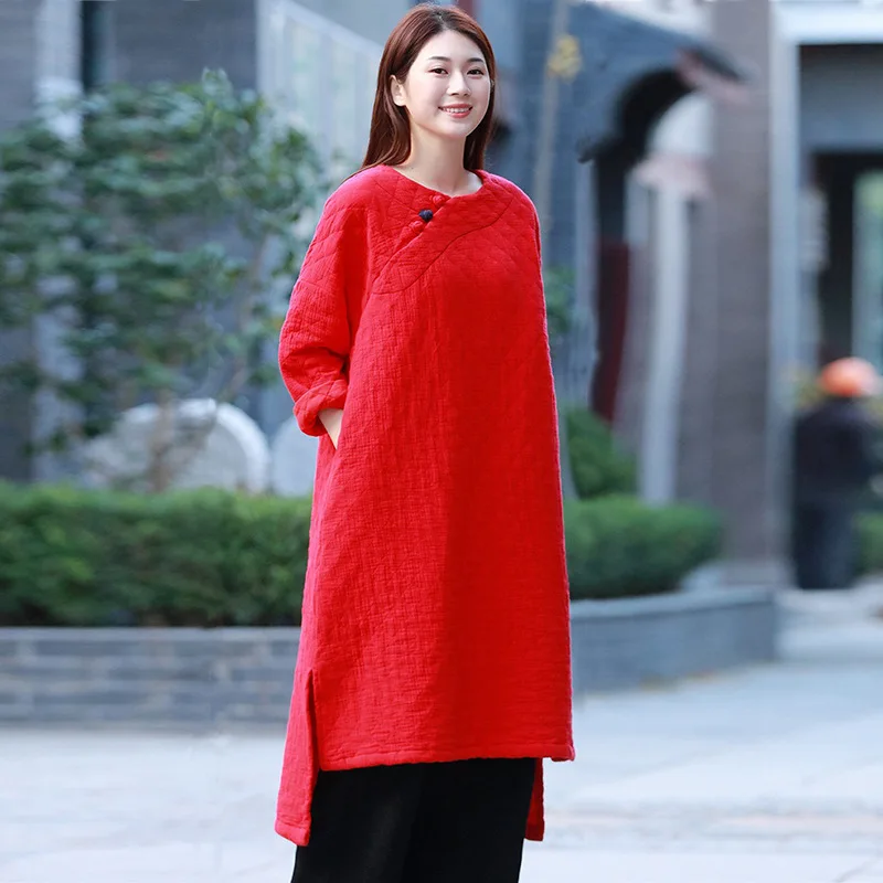 

Johnature Chinese Style Dress Winter Women Cloths 2019 New O-Neck Long Sleeve Plus Cotton Warm Robes Solid Color Button Dresses