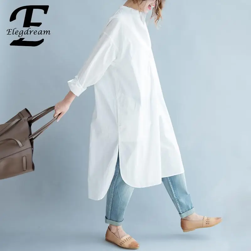 Женская офисная блузка Elegdream однотонная белая с длинным рукавом повседневная