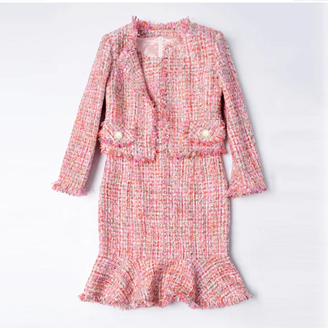 Pink Tweed Jacket + Dress Set Beads Fabric 2019 Spring / Autumn Women's