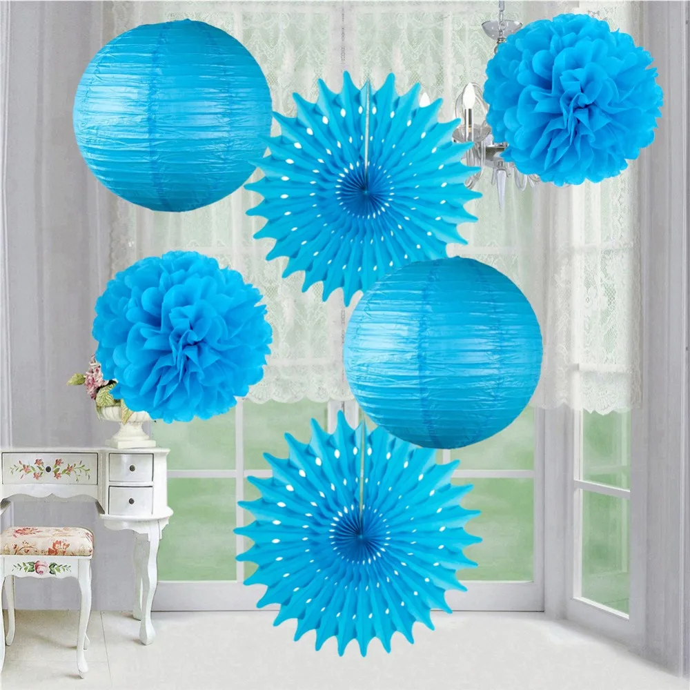 

6pcs Solid Color Paper Decorations Set Pom Pom Fluffy Flowers Paper Lanterns Tissue Paper Fans for Wedding Birthday Party