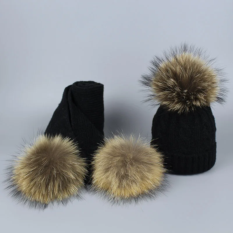 Осенне-зимняя детская шапка, вязаная норковая шапка и шарф, комплект с двумя помпонами из натурального меха, детская шапка, Балаклава, маска с черепом, Bone Gorro - Цвет: Child Black 3 balls