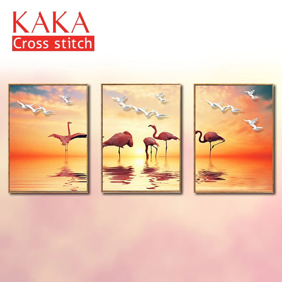 

KAKA Cross stitch kits Embroidery needlework sets with printed pattern,11CT canvas,Home Decor for garden House,5D Flamingo Sea