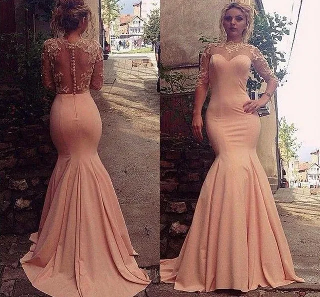 

BONJEAN Pink Chiffon Mermaid Evening Dresses 2019 Lace Sheer Neck Illusion Long Sleeves Prom Dresses Sweep Train Robe de Soriee