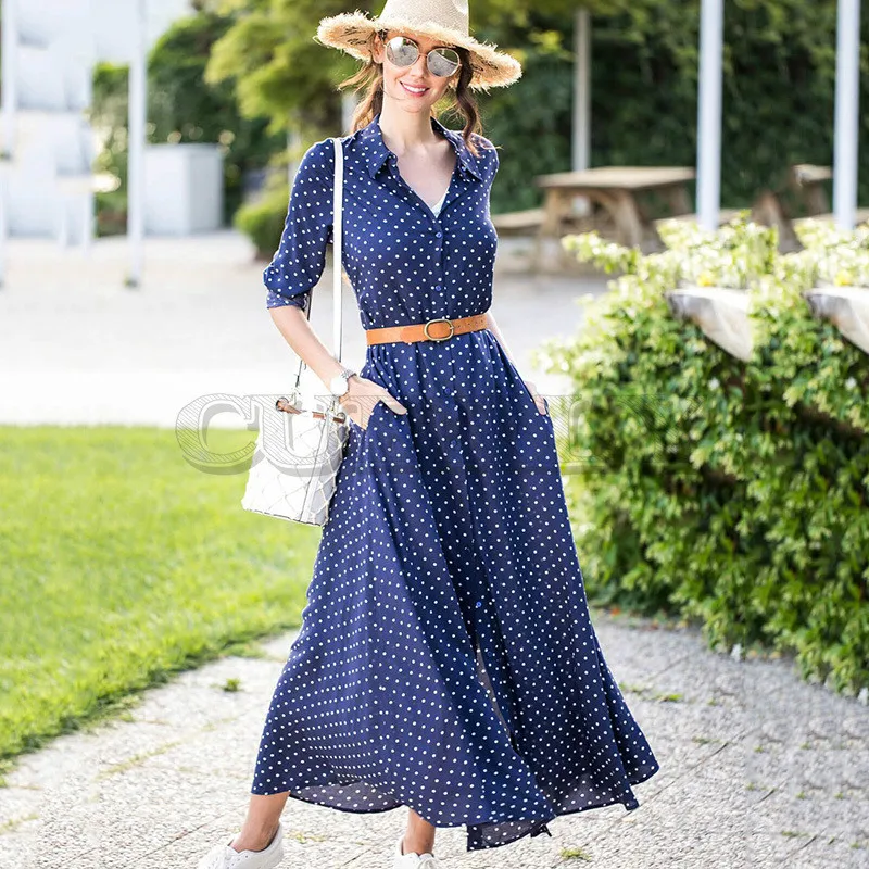 

CUERLY Polka Dot Dress 2019 New Beach Ladies Vintage Summer Chiffon Dresses Long Sleeve Slim Bow belt Woman Shirt Maxi Dress