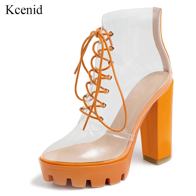 

Kcenid Sexy transparent clear PVC women ankle boots high quality round toe high heels summer platform lace up boots size 33-41