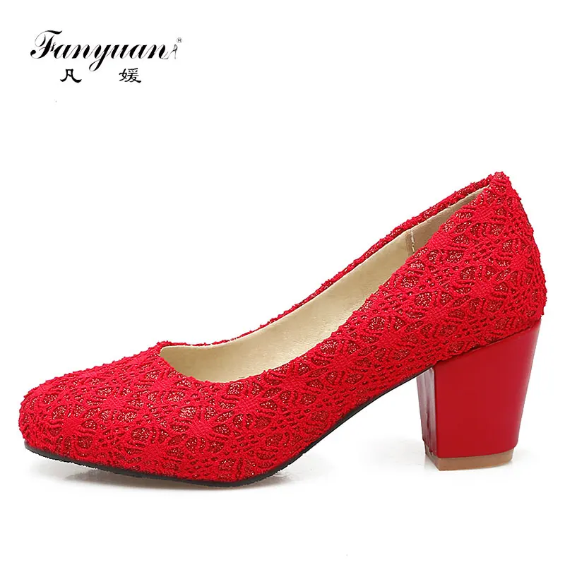 

Fanyuan Sexy Lace Mesh Women Pump Shoes Chunky Heels Elegant Dress Bridal Shoes Round Toe Slip-On Red Shoes Ladies High Heels