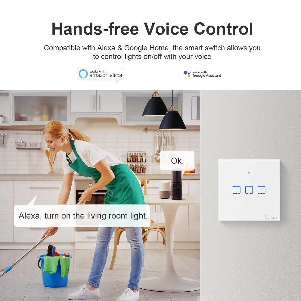Интеллектуальный выключатель света SONOFF Беспроводной настенный сенсорный светильник переключатель, T1UK Wi-Fi таймер 1/2/3 переключатель Стекло Панель APP/RF/голосовой пульт дистанционного управления Управление серии TX