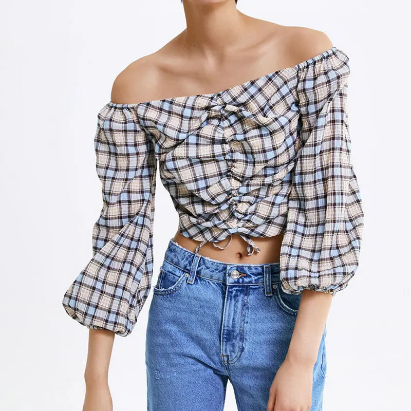 

2019 new women blouse long sleeve slash neck plaid lace up streetwear ladies tops shirts short blouse pleated puff sleeve blusas
