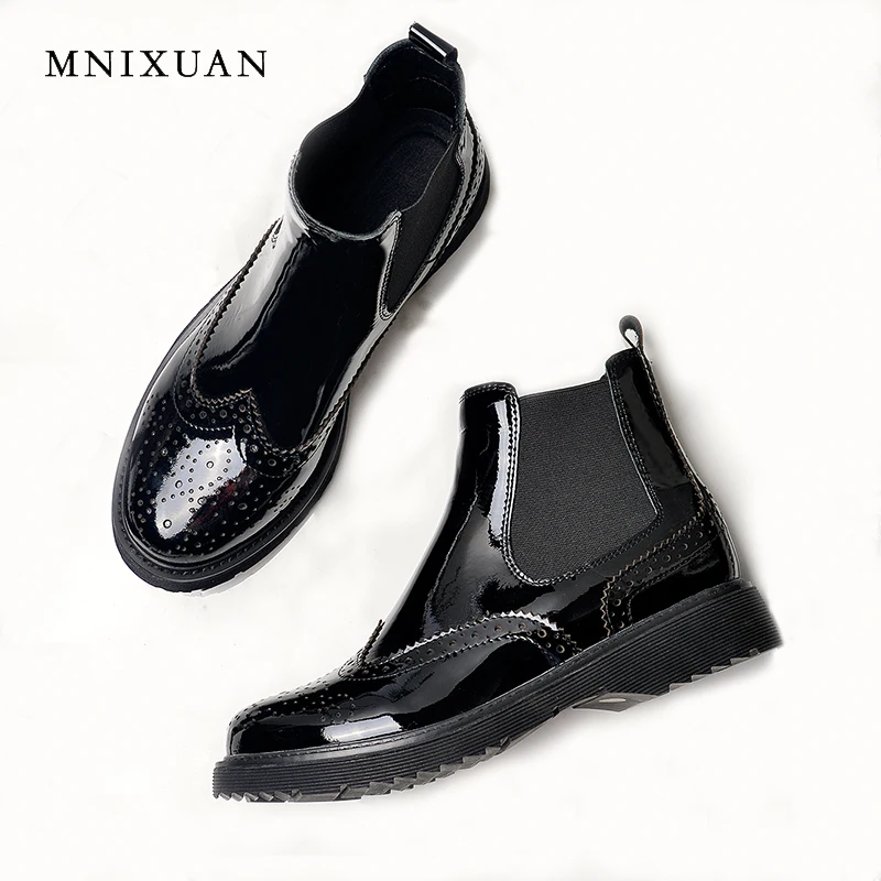 

MNIXUAN high quality ankle boots 2018 winter new cowhide patent leather round toe chelsea boots medium heels black women shoes