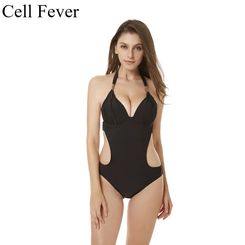 

2019 Sexy Female One Piece Swimsuit V Neck Halter Solid Hollow Out Backless High Waist Swimwear Women Monokini Bathing Suits
