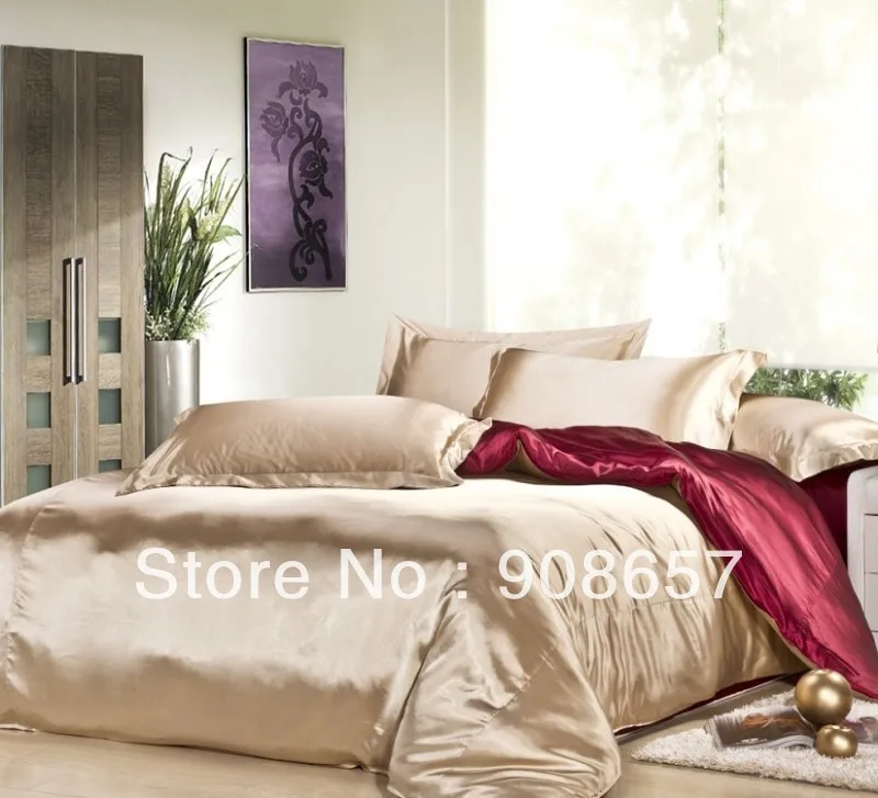 

camel burgundy mix match colors Smooth tribute silk satin bed linen girls bedding comforter queen/full quilt duvet covers set