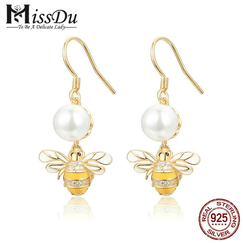 

925 Sterling Silver Elegant Freshwater Pearl Gold Color Bee Drop Earrings for Women Authentic Silver Jewelry BSE018