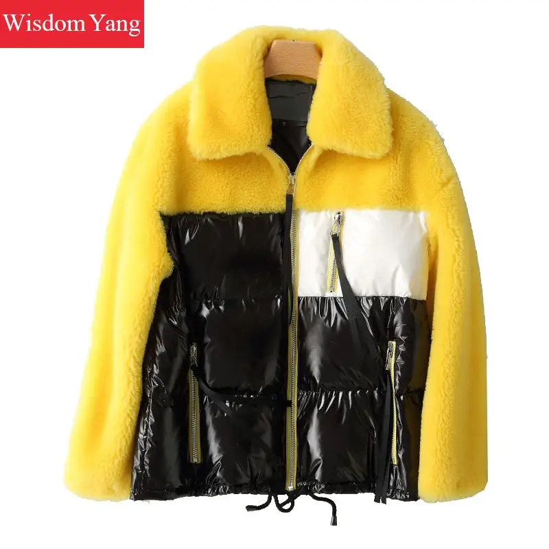 

Winter Warm White Pink Yellow Red Purple Down Jacket Coats Womens 2018 Real Sheep Wool Shearing Short Jackets Overcoat Outerwear