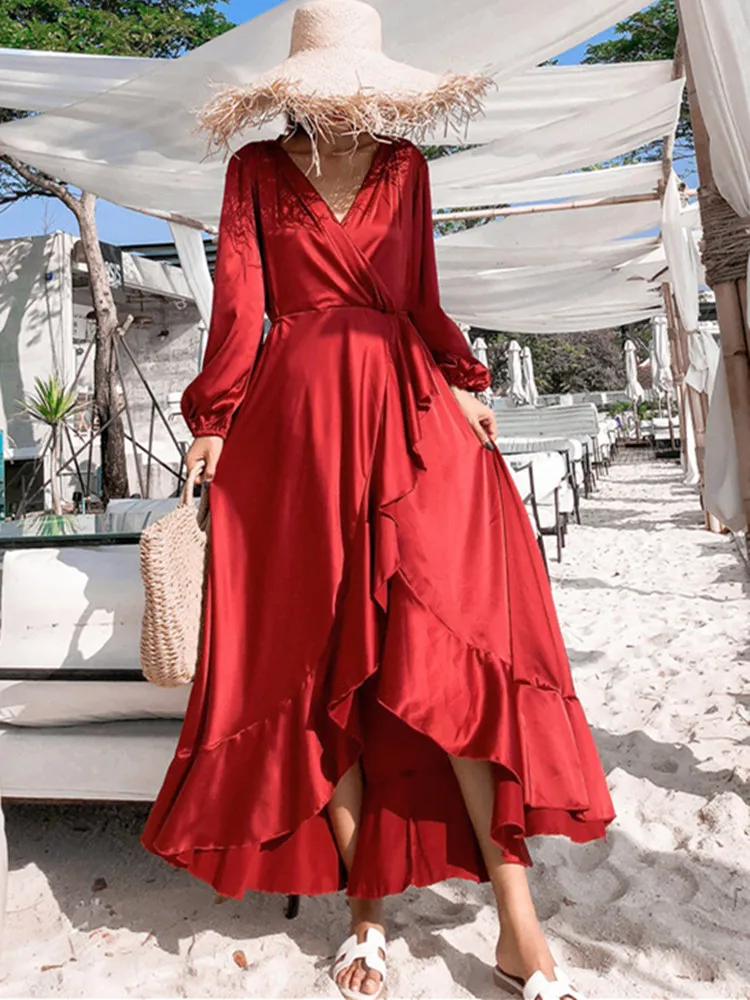 red silk long sleeve dress