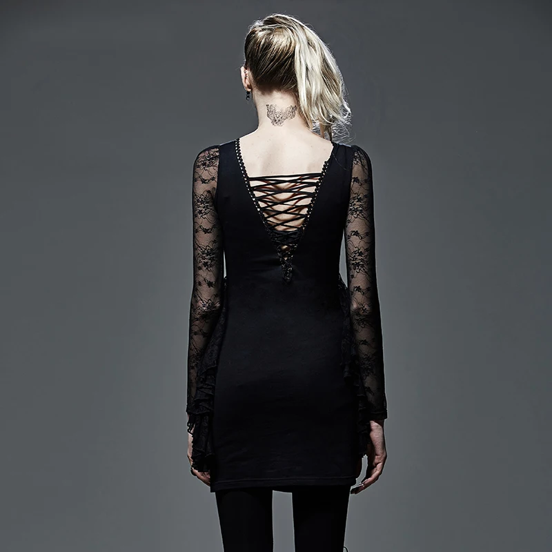 Стимпанк сексуальное черное Сетчатое лоскутное кружевное платье с длинным рукавом винтажное элегантное просвечивающее мини-платье для женщин