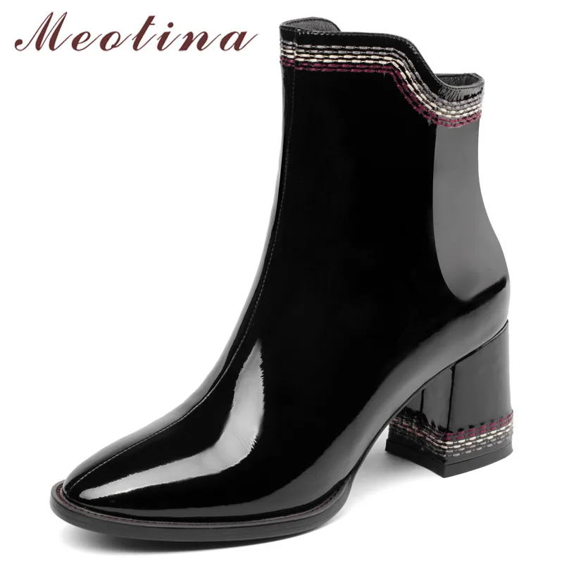 

Meotina Autumn Ankle Boots Women Natural Genuine Leather Block High Heels Short Boots Zipper Round Toe Shoes Lady Winter Size 39