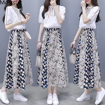 

2019 Summer Two Piece Sets Women Embroidery Short Sleeve Tops And Printed Pleated A-line Skirt Suits Casual Elegant Fashion Sets