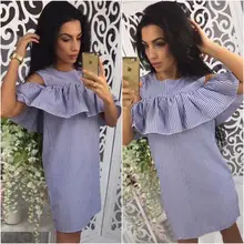 Summer Women Causal Striped Dress Ruffles Cold Shoulder Sexy Bodycon Summer Short Mini Dress Plus Size LJ9215M