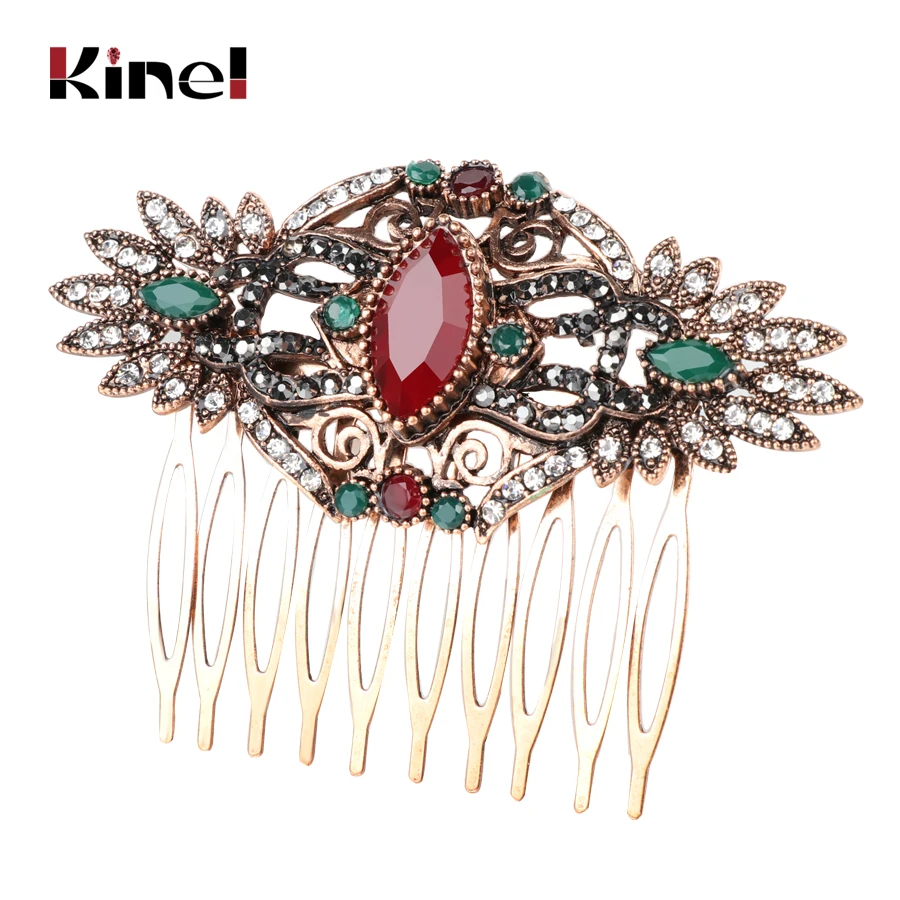 

Kinel Hot Vintage Turkish Bridal Wedding Hair Accessories Red Crystal Flower Hair Combs Hairpins Head Jewelry For Women Girls