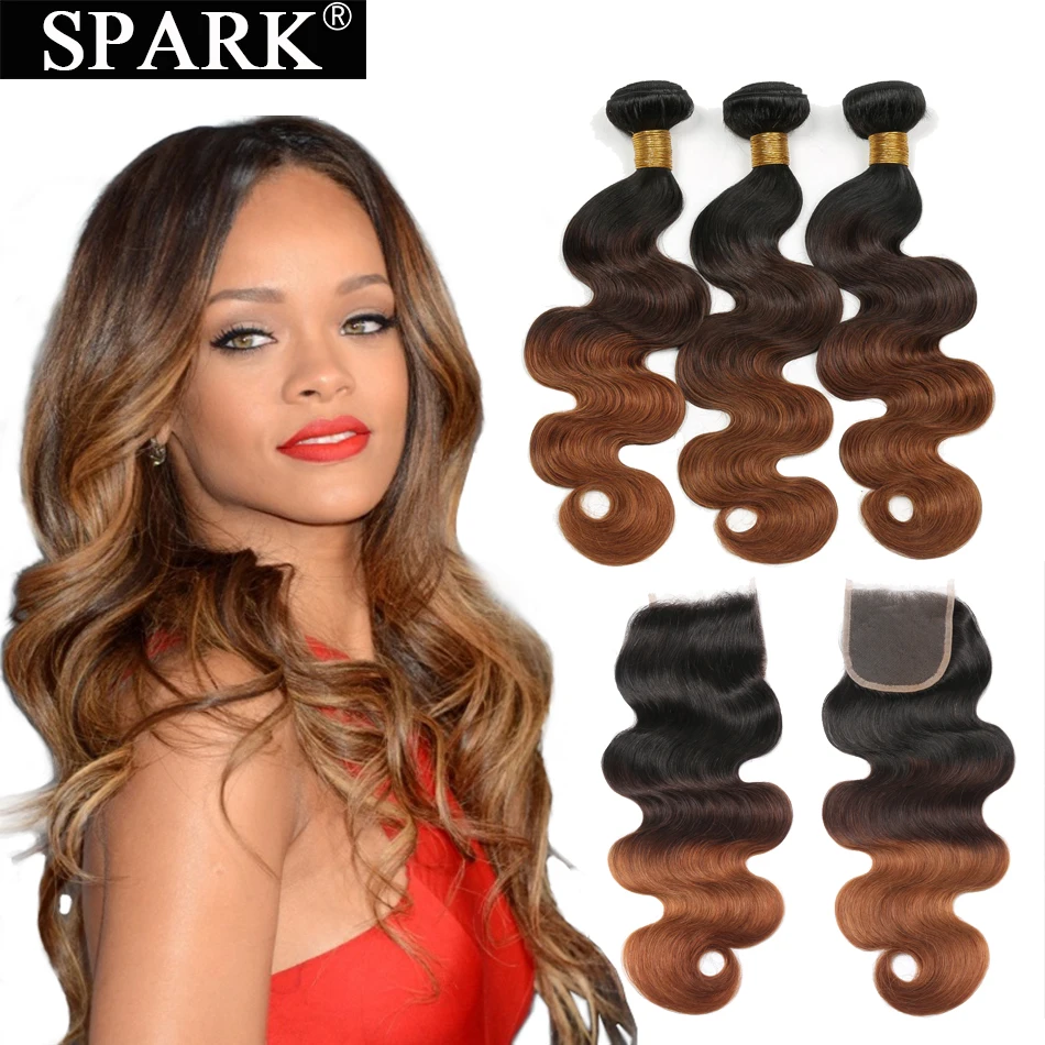 Spark эффектом деграде (переход от темного к бразильские человеческие волосы волнистые человеческие волосы пучки волос с закрытием кружева