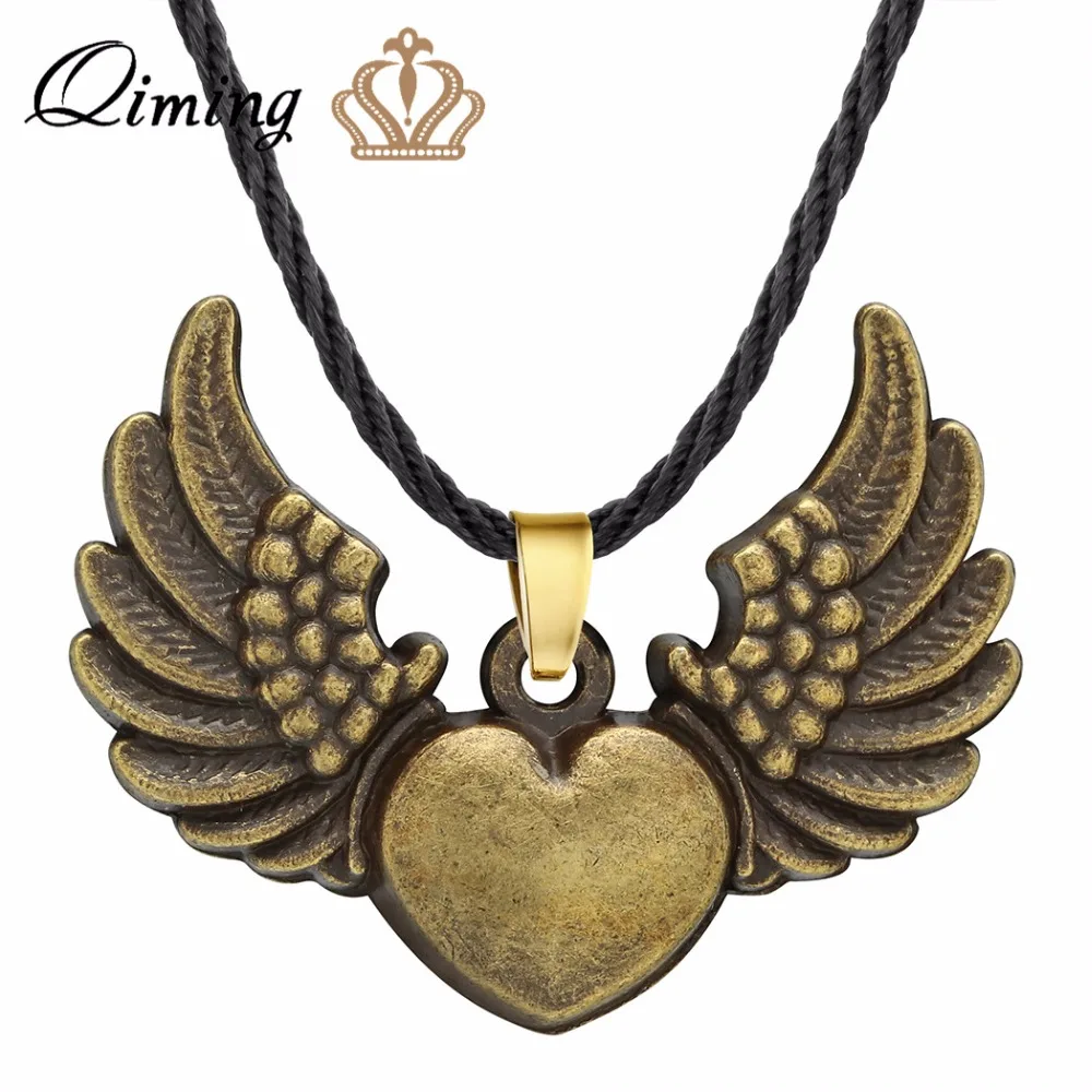 

QIMING Love Heart Angle Wings Necklace For Women Sweet Jewelry Viking Bronze Color Classic Vintage Girls Boho Necklaces