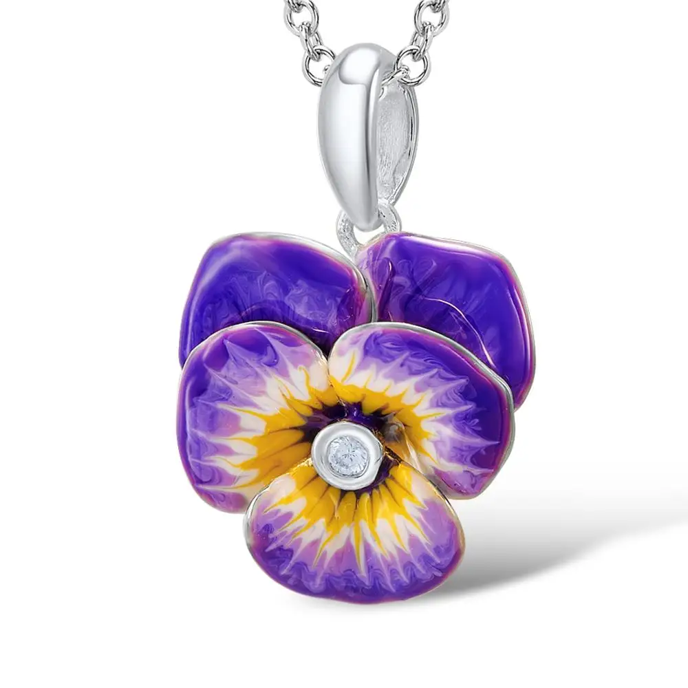 Santuzza ювелирный набор ручной работы, эмаль, фиолетовый цветок, CZ камень, кольцо, серьги-подвеска, ожерелье, 925 пробы, серебро, женский ювелирный набор