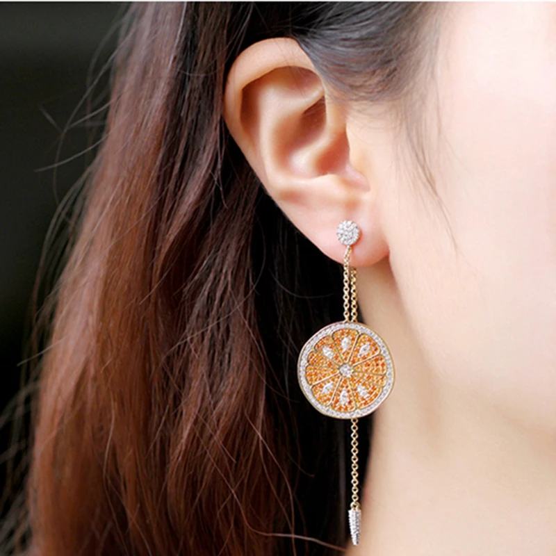 

One Piece Zircon Fruit Watermelon Cuff Earring Pure 925 Sterling Silver Tassel Charm Orange Cocktail Earring Wedding Jewelry