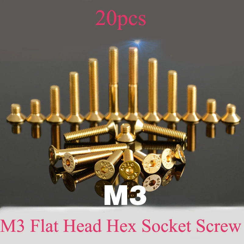 

20PCS 12.9 Level Titanium-plated Gold Countersunk Head M3 Flat Head Hexagon Socket Screw Length 6mm/8mm/10mm for RC Model Parts