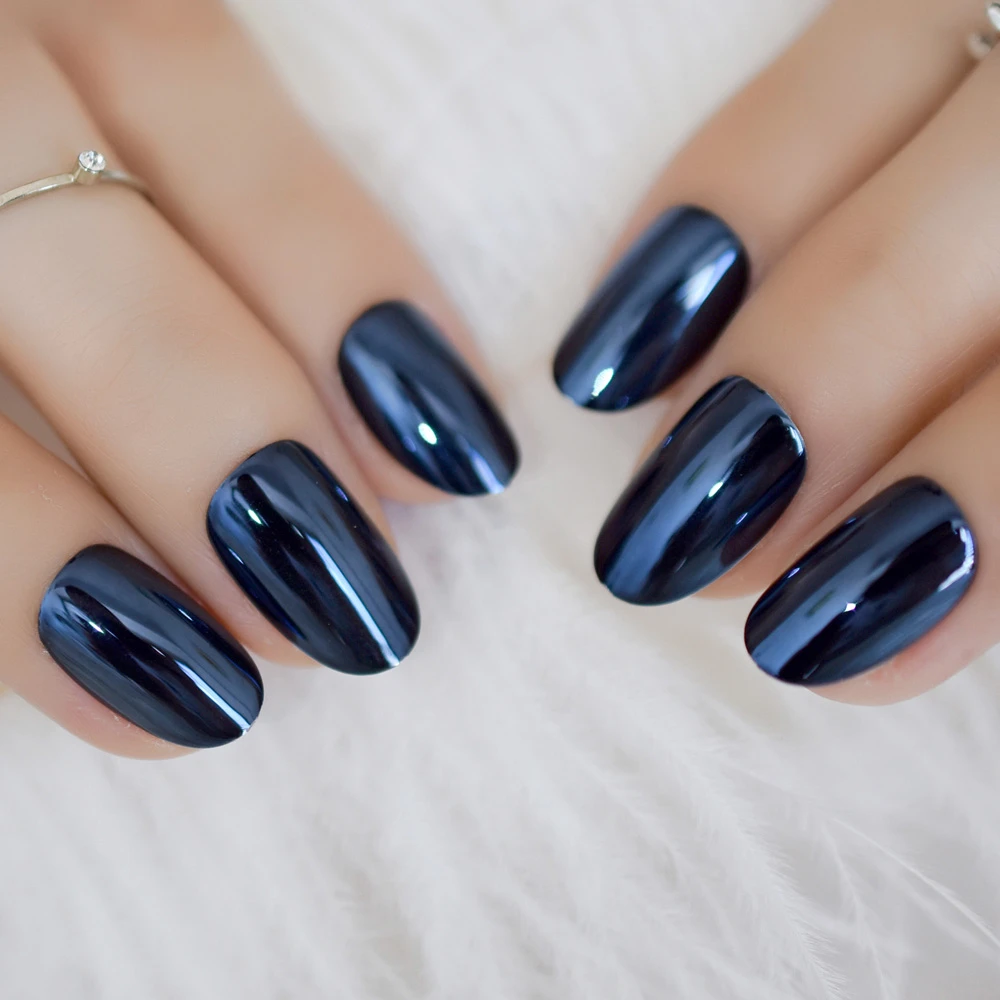 Shiny Surface Dark Blue Adult Artificial Fake Nails Oval Medium Pure Color  Acrylic Design Nails Tips Adhesive 24ct - False Nails - AliExpress
