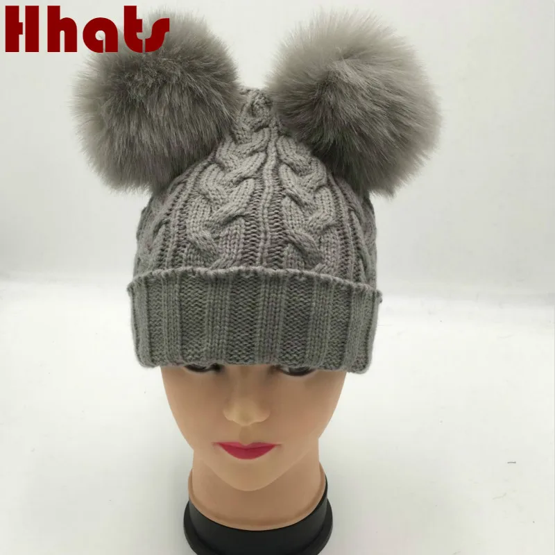 

Which in shower family two faux fox fur pom pom winter hat women girl knit cable warm skullies beanie with double pompom ball