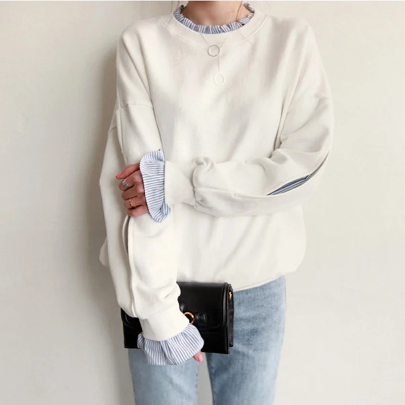 

Girls Sweet Loose Tops Fake 2-pieces Sweatshirt for Women Stylish Split Long Sleeve Striped Inside Autumn Winter M-XXL