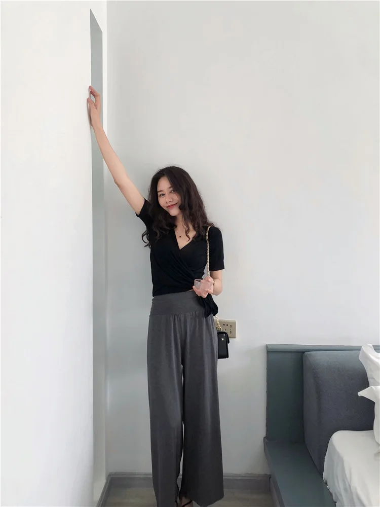 Большие размеры, черная блузка и оболочка, черные широкие брюки для женщин, повседневный комплект из 2 предметов, лето 2019, Modis, уличная