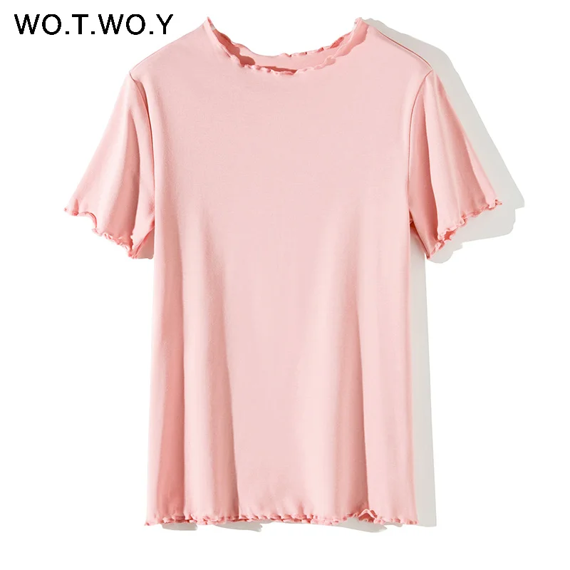 WOTWOY Ruffles Summer T Shirt Women Cotton Casual Solid T-Shirt Women Korean Tops Tee Shirt Femme Slim Black Tshirt Harajuku New