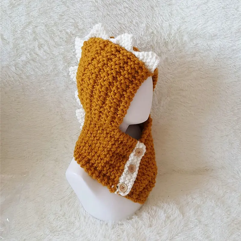 Handgefertigte Dinosaurier-Mütze für Kinder, Eleka-Strickmütze, Halstuch, Schlauchschal mit 3 Knöpfen, Loop-Schal und Mütze_voghion.com