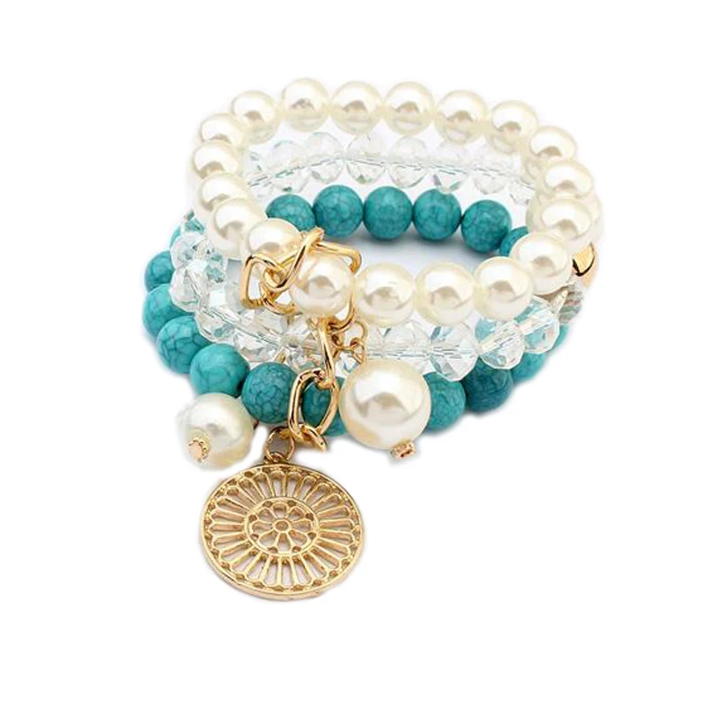 

LEMOER Multilayer Imitation Crystal Pearl Beads Bracelets& Bangles Round Alloy Charm pulseras mujer wrist band for Women