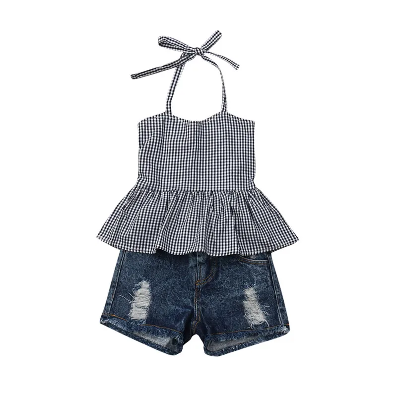 2pcs Fashion Plaid Outfits Baby Girls Halter Neck Crop Tops Denim Short Pants Summer 2019 Brand Toddler Kids Clothing Sets | Детская
