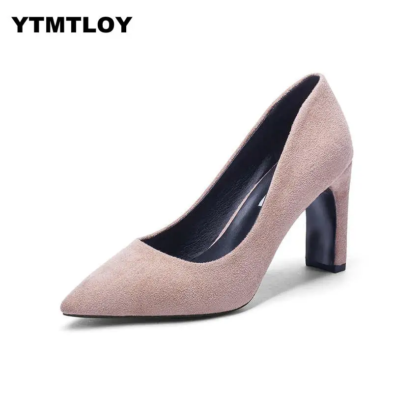 Plus Size 35-43 Size Women 10cm Block High Heels Bridal Scarpin Pumps Ladies Pointed Toe Black khaki Plaza Heels Female Shoes