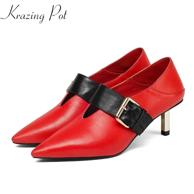 

krazing Pot 2018 cow leatehr pointed toe young lady Spring women pumps stiletto med heels cozy metal buckle decoration shoes L62
