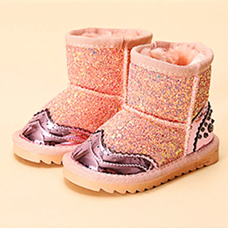 WENDYWU/Новинка года; ботинки для девочек; детская кожаная обувь; зимние сапоги для детей; Блестящие Зимние сапоги с бриллиантами; цвет розовый