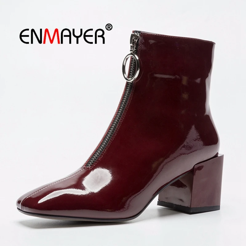 

ENMAYER Women Ankle boots solid square toe front zipper ankle boots lady fashion square heel botas mujer Big size 34-40 CR1711