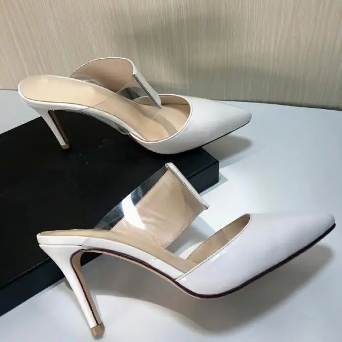 

Sexy Pointed Toe High Heel Dress Mules PVC Patchwork Leather Slippers Women Fashion Slides