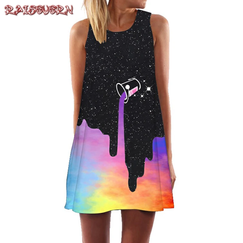 

RAISEVERN Summer Mini Dress Women Galaxy Space Painted Undress Clothing Sleeveless Boho Short Beach Dress Casual Shift Dresses