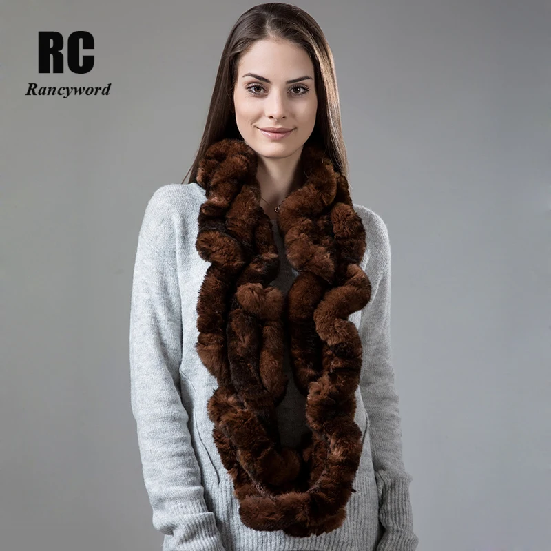

[Rancyword] Scarf Women Winter Real Rex Rabbit Fur Scarf Female Natural Rabbit fur Scarves Long Pashmina Ring bandana RC1334