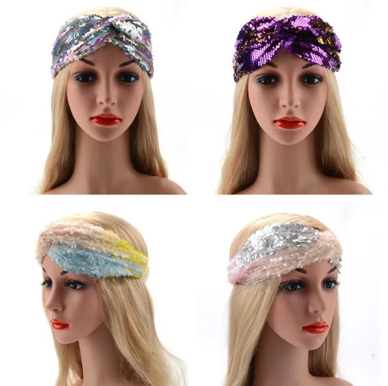 

free shipping 8pcs 10''*4.5''knot Sequin Girls Headband Mermaid Elastic Fabric Hairband two tone Wide Head Band For Female
