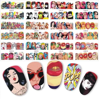 

1 set 12 Nail Designs Full Cover Water Transfer Sticker Nail Art Pop Art Slider Lips Cool Girl Sexy Women Designs DIY Manicure